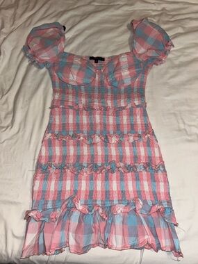 Papaya Pink and Blue Gingham Ruffle Dress